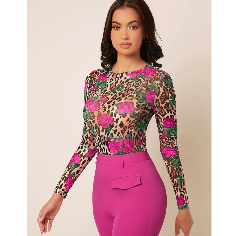 Pink Floral Cheetah Animal Print Mesh Long Sleeve Shirt - Picture 6 of 7